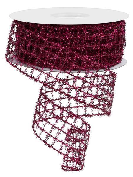 The 1.5 x 10YD Fuchsia Tinsel Mesh Ribbon RM997507 features a wide, sparkly fuchsia grid pattern and adds vibrant shimmer to crafts and décor.