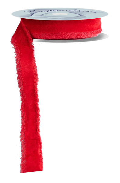 A partially unrolled spool of 1 x 10yd Red, No Wire Frayed Edge Velvet Ribbon (RN591024) with a soft, fuzzy texture hangs against a white background.