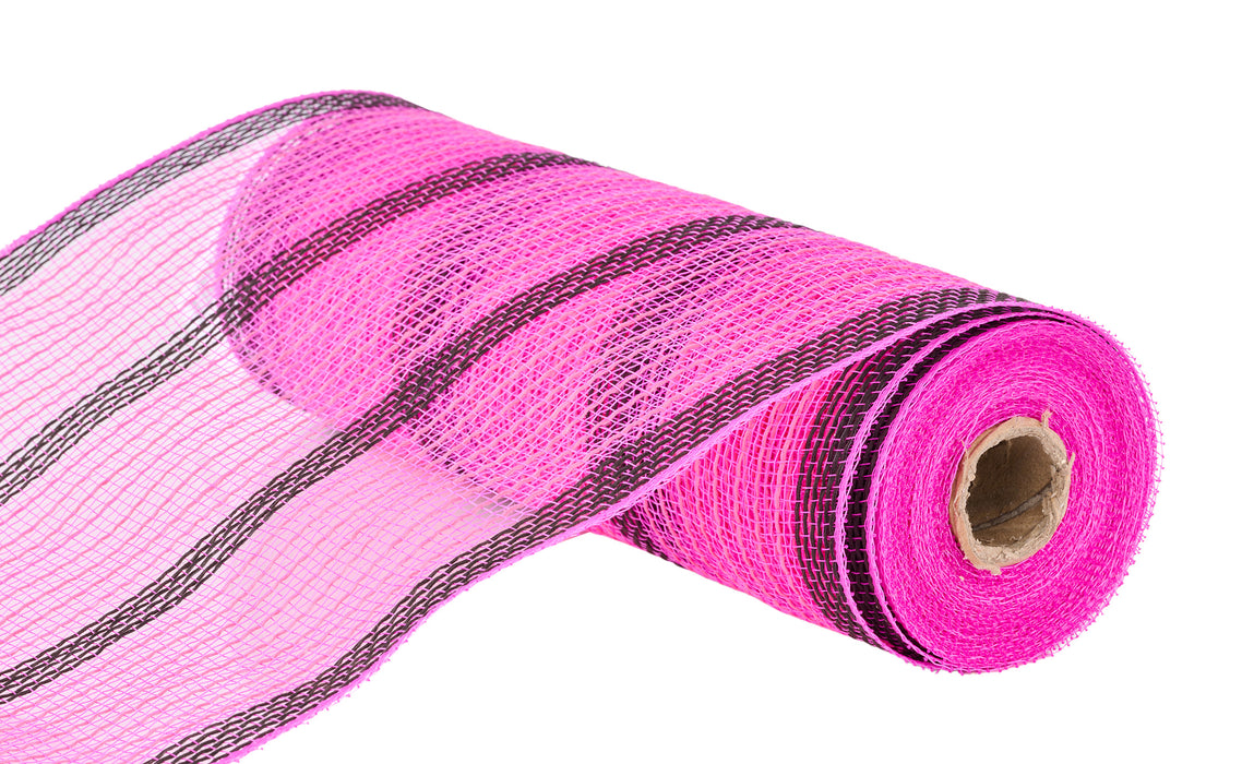 The 10.5X10Yd Faux Jute Striped Mesh Hot Pink/Black RY8337JR is shown partially unrolled on a white background, revealing its see-through, textured hot pink mesh with bold thin black stripes.