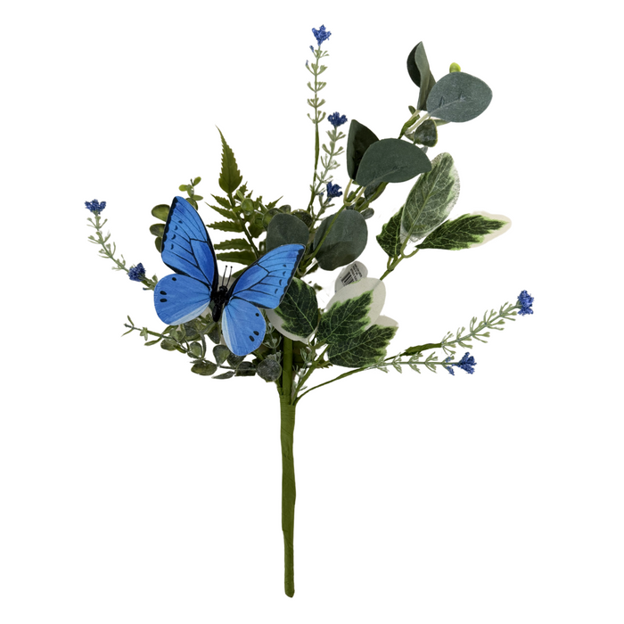 The 14 Assorted Papillion Garden Pick MTF24218 features a lifelike faux floral design with green leaves, purple sprigs, and a blue butterfly on the stems, all set against a crisp white background.