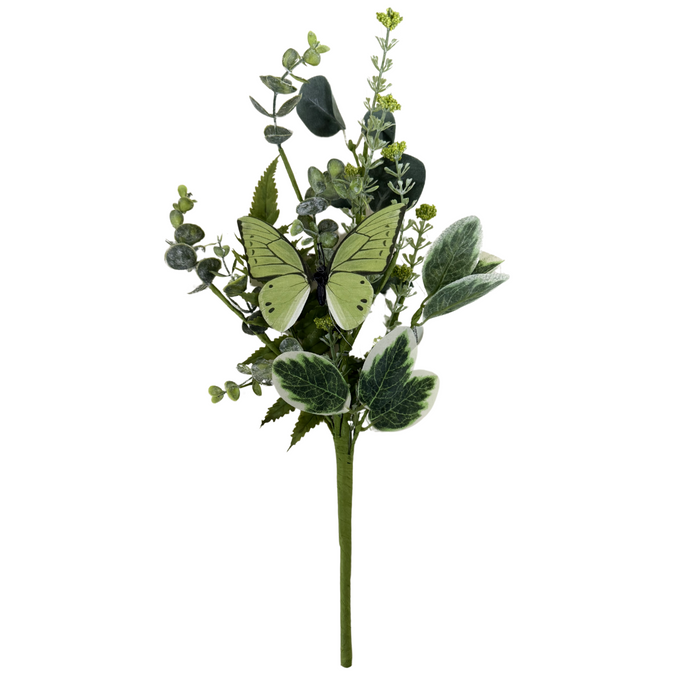The 14 Assorted Papillion Garden Pick (MTF24218) is a green artificial floral stem featuring mixed leaves, small buds, and a decorative light green butterfly at the center.