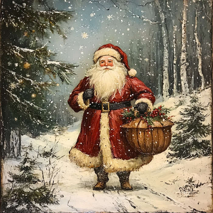 The 10 x 10 Rustic Standing Santa Claus Sign TTE-082 features Santa in a snowy forest holding a wooden basket of holly, framed by birch trees and a glowing ornamented evergreen in a wintry landscape.
