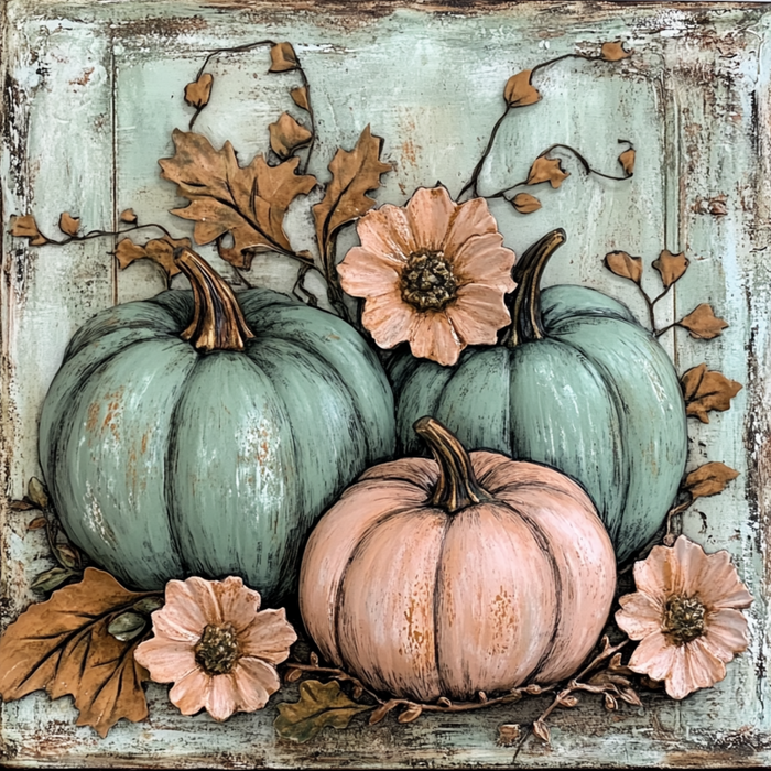 The 10 x 10 Sage and Blush Fall Pumpkins Sign TTE-041 features three pumpkins—two teal, one pale peach—with brown leaves and light peach flowers on a rustic green metal background for a vintage autumn touch.