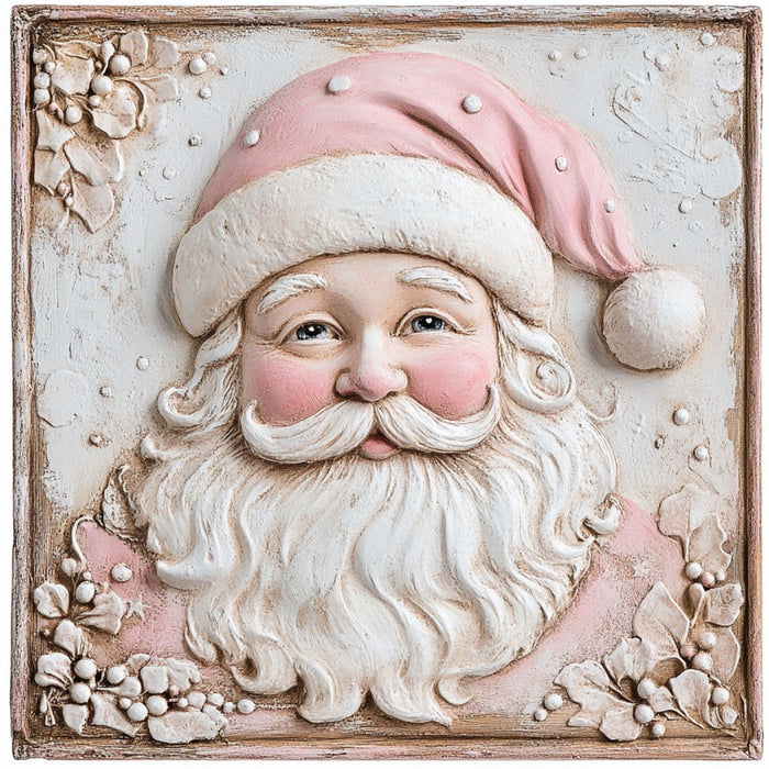 The 10 X 10 Pastel Pink Santa Sign (TTE-011) features Santa Claus with rosy cheeks, a white beard, and a pastel pink pom-pom hat, surrounded by floral and berry accents on a textured square metal background.