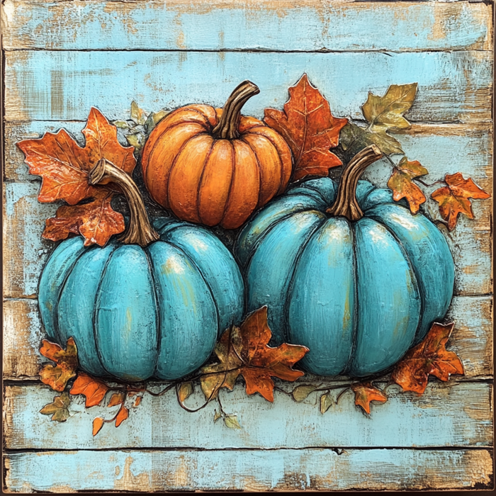 The 10 x 10 Teal and Orange Fall Pumpkin Sign (TTE-043) features orange and teal pumpkins with autumn leaves on a rustic blue wooden background, making a vibrant fall-themed accent for your home.