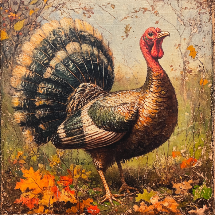 The 10 x 10 Fall Scenery & Turkey Sign (TTE-038) features a proud wild turkey with fanned tail, surrounded by autumn leaves and branches—an ideal metal decor piece that captures the beauty of fall.