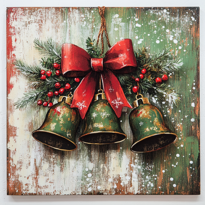 The 10 x 10 Vintage Jingle Bells Sign TTE-087 features three green jingle bells with snowflake patterns hanging from a red bow, accented by sprigs of evergreen and red berries. It evokes an old-fashioned holiday charm set against a rustic wooden background dusted with white snow.