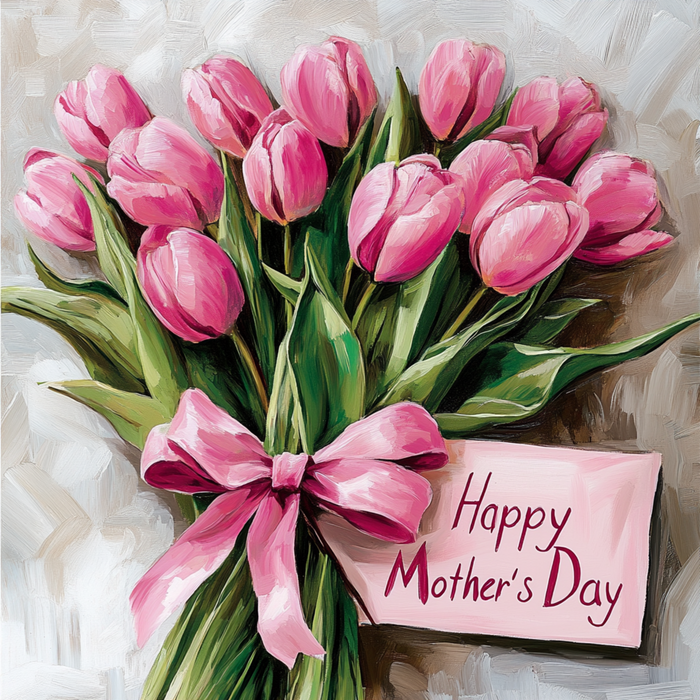 The 10 x 10 Vintage Mothers Day Tulip Bundle Sign (TTE-227) features a tulip bouquet tied with a pink ribbon beside a Happy Mother’s Day card, adding charming vintage style to your space.
