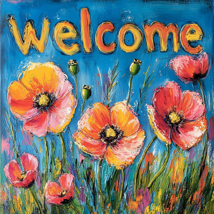 The 10 x 10 Welcome Watercolor Flowers Sign TTE-207 features colorful orange and pink poppies on a blue background. Welcome shines in bright yellow and orange, resembling a cheerful sign, with bold textured brushstrokes creating a vibrant watercolor flowers effect.