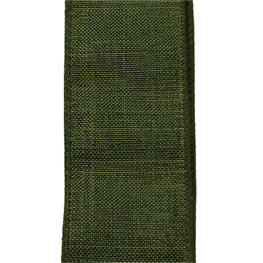 A close-up of the 2.5X10Y Moss Poly Linen Ribbon X314840-08 shows its wired structure, textured surface, and stitched border in a smooth, monochromatic deep olive moss green hue.