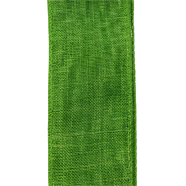 A 2.5X10Y Lime Poly Linen Ribbon X314840-09 is shown vertically on a plain white background, featuring visible edge stitching and a slightly rough, woven texture.