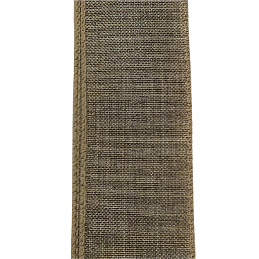 A close-up of the 2.5X10Y Lt Natural Poly Linen Ribbon X314840-14 on a plain white background, showcasing its light brown burlap-like fabric with stitched edges and visible woven texture.
