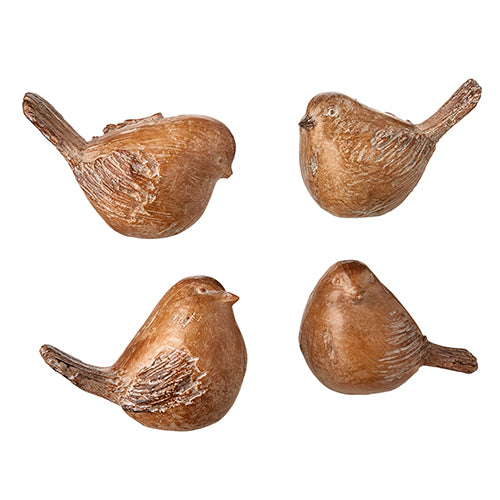 Displayed on a white background, the 4 Natural Bird X4209265 figurines feature a simple, rounded design with subtle carved details on the wings and tail. Each of the four wooden birds faces different directions, showcasing various angles.