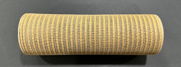 A roll of 10X10Y Tan Breeze Solid Mesh (XB240710-15) with an even grid-like pattern and square holes rests horizontally on a dark surface.