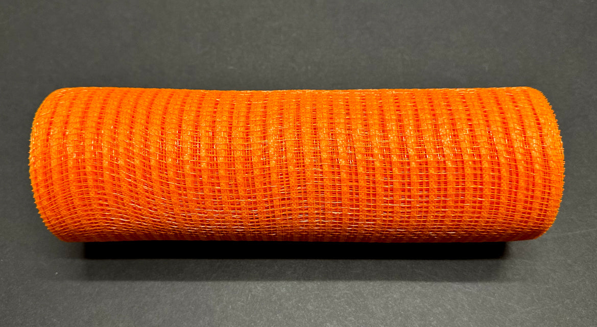 A horizontal roll of 10X10Y Orange Breeze Solid Mesh XB240710-19 features a grid pattern and textured surface against a plain black background.