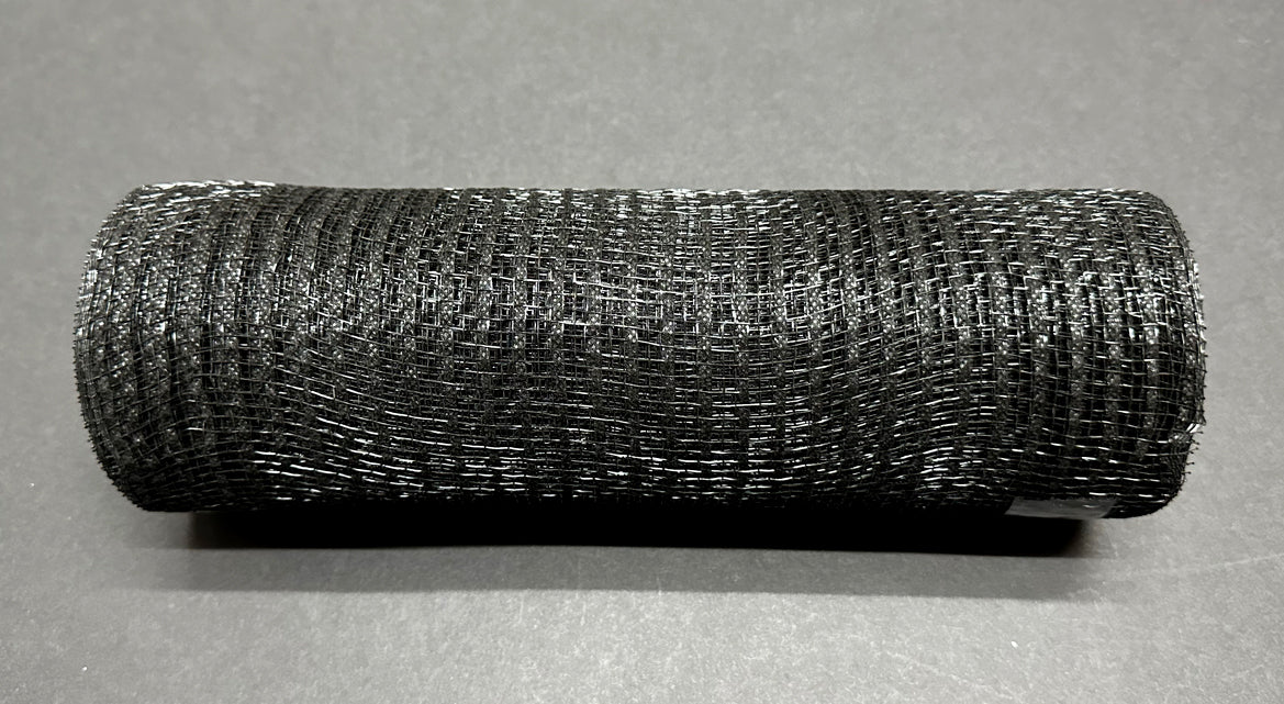 A roll of 10X10Y Black Breeze Solid Mesh Mesh XB240710-21 is placed on a dark surface, its solid texture creating a distinct appearance, neatly wound into a cylindrical shape.