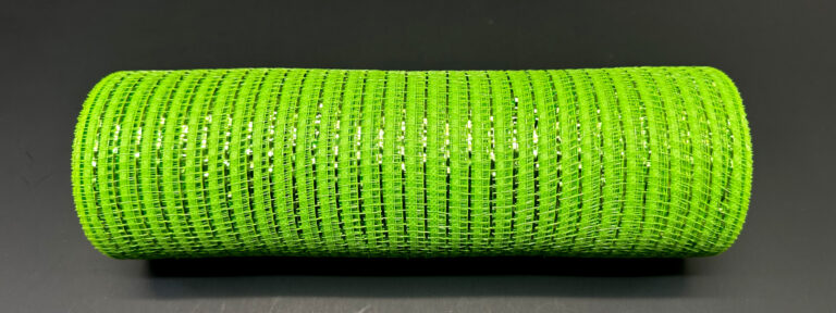 A close-up shows the 10X10Y Lime Breeze Metallic Mesh (XB240810-09) in bright lime green, rolled into a cylinder against a dark background.