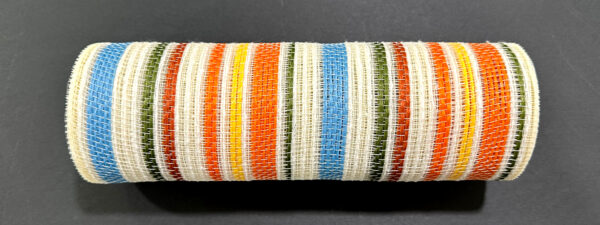 The 10X10Y Blue Orange Moss Yellow Fall Stripe Mesh (XB253210-05) features horizontal stripes in blue, yellow, orange, green, red, and white, displayed on a cylindrical object against a dark gray background.