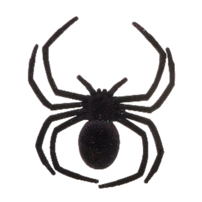 A 6.75" black, orange, or purple flocked spider (4540845) with eight legs is displayed on a white background—perfect as a Halloween decoration.