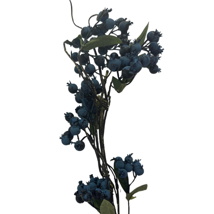 The 49 Blue Berry Garland features artificial blue berries with green leaves on brown stems, beautifully displayed against a white background.