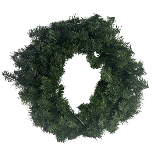 The 24 Green Christmas Wreath Double 82295-GN features dense, needle-like branches arranged in a classic circular shape, creating a striking look against any crisp white background.