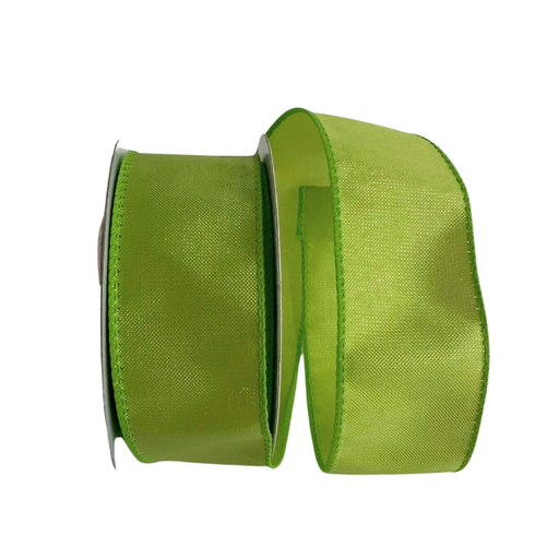 Two rolls of 1.5"X10Y Lime-Iridescent Lala Solid ribbon, with one standing upright and the other partially unfurled, are positioned side by side against a plain white background. Their smooth and glossy texture makes them ideal for crafting or decorative use.
