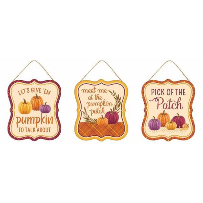 Brighten your space this fall with 3 assorted 7L x 6H tin matte pumpkin signs in cream, wine, and mulberry (MD1207). Each features festive phrases and charming pumpkin images—perfect autumn décor!.