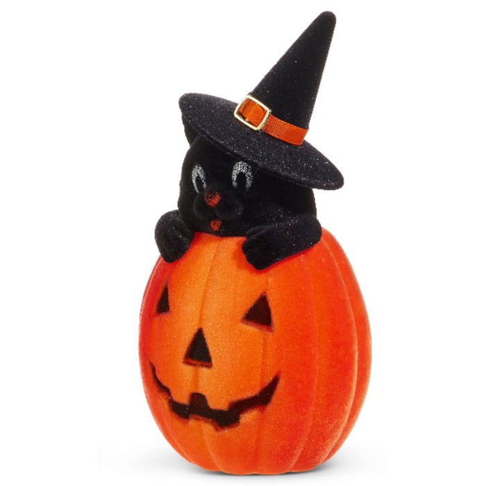 10" Flocked Cat in a Jack-O-Lantern (4540849) features cute cats in witch hats peeking from purple and orange Jack-O-Lanterns, both with smiling faces—perfect for charming Halloween décor.