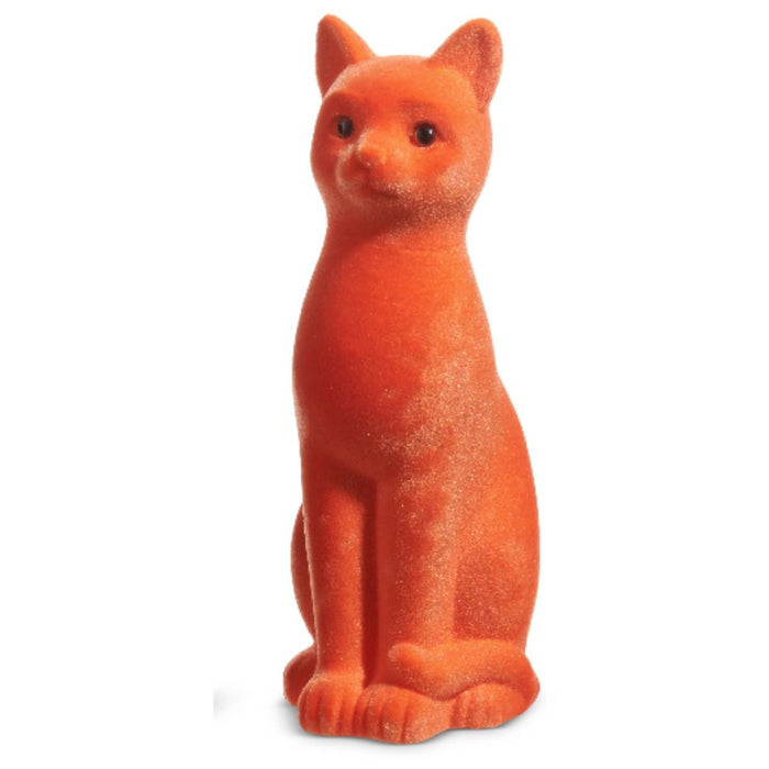The 11" Flocked Cat 4540848 is an upright cat figurine with defined ears, eyes, and paws, featuring a soft flocked surface.