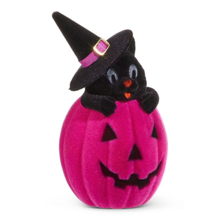10" Flocked Cat in a Jack-O-Lantern (4540849) features cute cats in witch hats peeking from purple and orange Jack-O-Lanterns, both with smiling faces—perfect for charming Halloween décor.