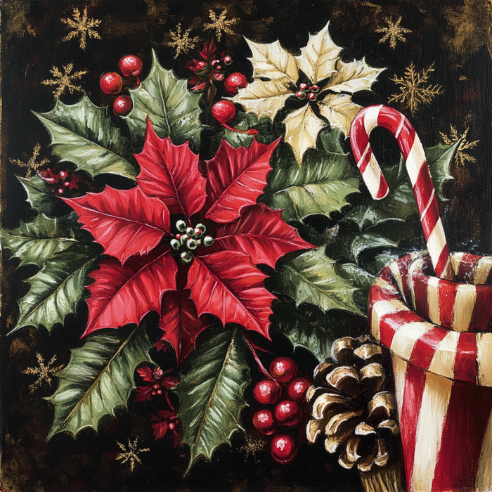 The 10" x 10" Red and White Poinsettias with Candy Cane Sign TTE-014 is a festive Christmas-themed arrangement that showcases red and white poinsettias, holly leaves, a candy cane sign nestled among red berries and a pine cone—all set against a dark background adorned with subtle gold snowflakes.