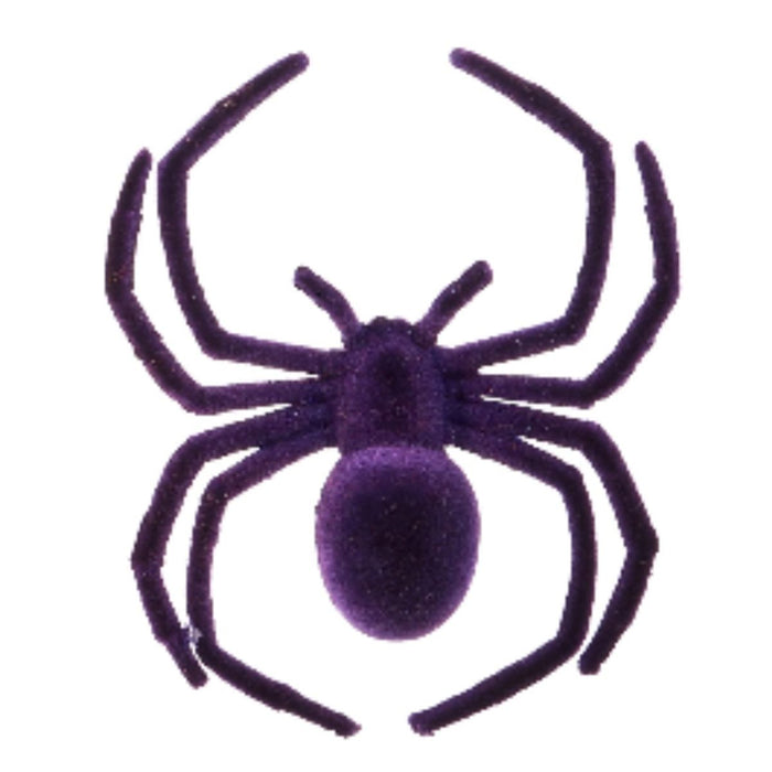 The 6.75" Black, Orange, or Purple Flocked Spider (4540845) features realistic texture and eight curved legs—ideal for spooky Halloween décor. Shown here in dark purple on a white background.