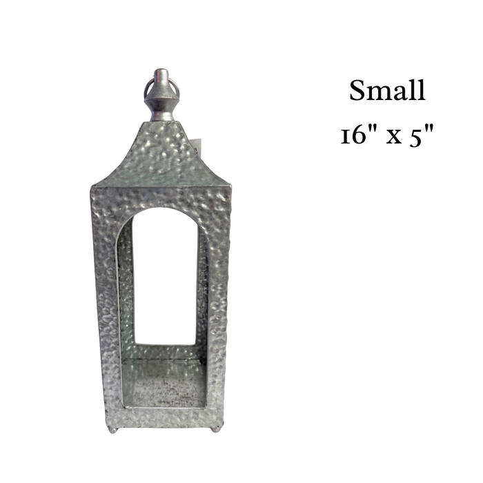 From our Silver Lanterns collection: a small, rectangular hammered silver lantern measuring 16 x 5, open on all sides with a pointed top. The text Small 16 x 5 appears to the right. Set of Two Lanterns, Product 570600AB.