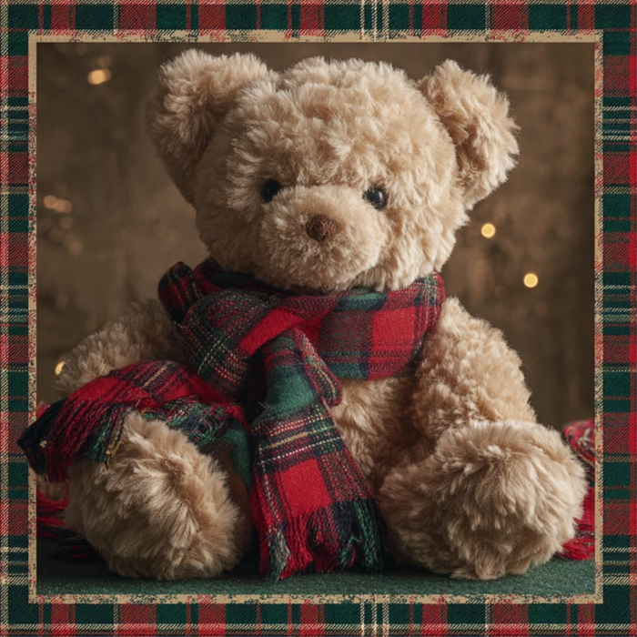 Whimsical teddy bear Christmas sign featuring a plush tan bear wearing a red and green tartan scarf with a plaid border, exclusive 10x10 metal holiday sign