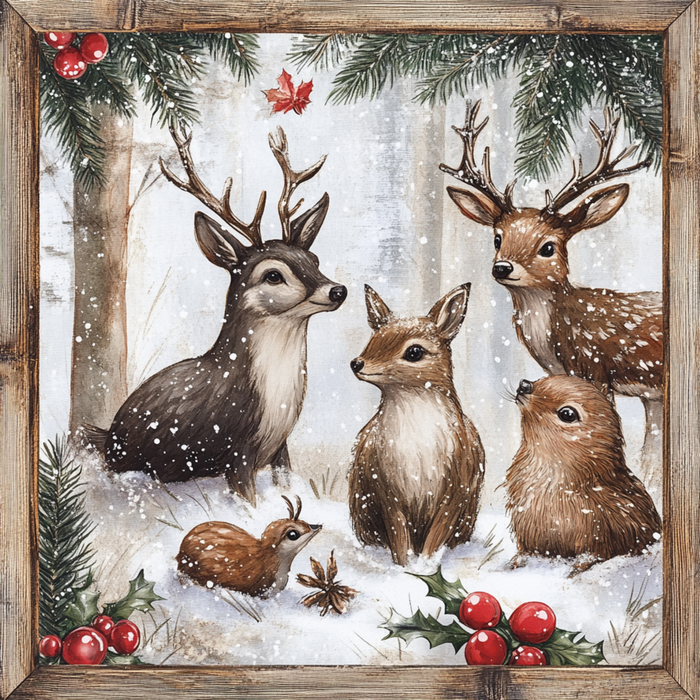 The 10" x 10" Winter Wildlife with Wood Border Sign (TTE-021) showcases illustrated deer and woodland animals amidst a snowy forest. Encircled by pine branches and holly adorned with red berries, this piece features a natural wood border, enhanced by gently falling snowflakes that evoke a festive and tranquil ambiance.