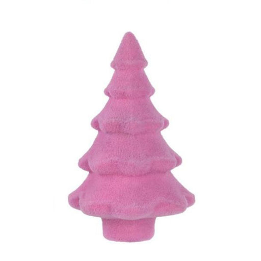 A plush toy, measuring 14 inches high by 9 inches in diameter, features a stylized Christmas tree shape with tiered layers and comes in soft sage and pink hues. It resembles a flocked full tree against a white background. The product is part of the "Flocked Full Tree" collection available in four assorted vintage colors (Product Code: XT859297).