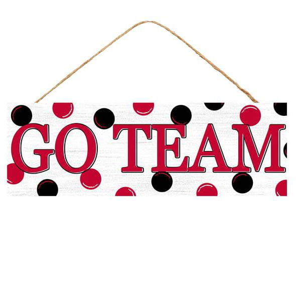 The Red Black Georgia or Go Team Assorted Wall Hanging AP809899 features a white MDF rectangular sign with GO TEAM in bold red letters and vibrant red and black polka dots, finished with a jute string for hanging.