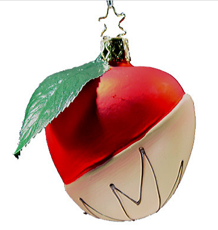 A Chocolate Dipped Candy Apple Christmas Ornament by Inge-Glas of Germany (1-220-08) with a gold cap hangs from a hook against a white background.