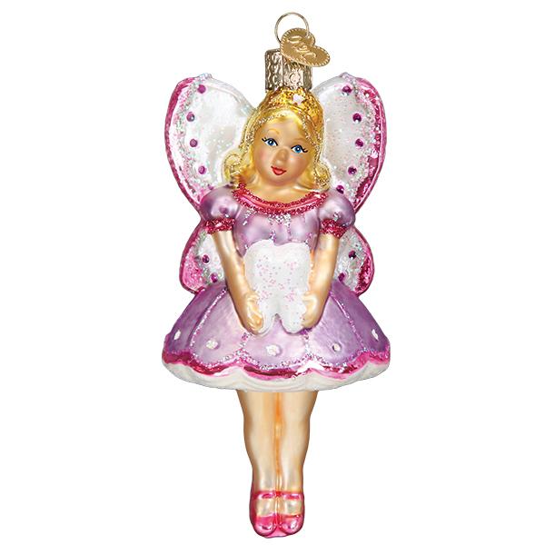 The Tooth Fairy Christmas Old World Christmas Ornament 10235 is a glass holiday heirloom shaped like a tooth fairy, with a blonde fairy in a lavender dress and pink wings, holding a tooth. She wears a crown and includes a gold loop for hanging.