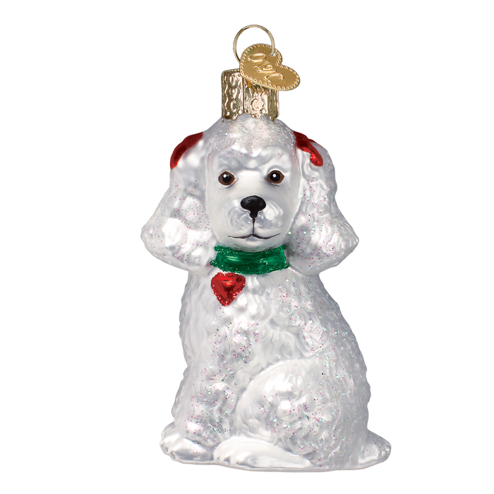 The Assorted Poodle (A) Ornament by Old World Christmas (12152) is a glittery white blown-glass sitting poodle with red ears, green collar, and red heart tag, finished with a gold cap and hanging loop.