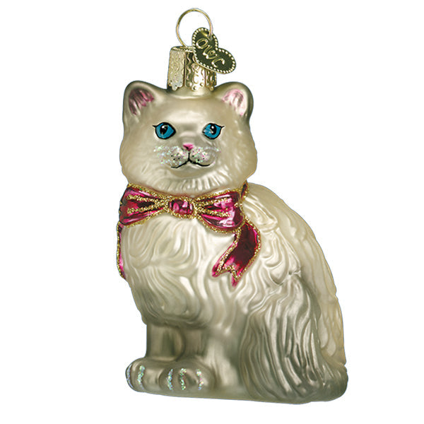 Introducing the Grey Himalayan Kitty Ornament from Old World Christmas (model 12611): a glass decoration featuring the likeness of a fluffy Himalayan cat, complete with striking blue eyes and adorned with a charming pink bow around its neck. This ornament dazzles with a metallic sheen and includes a convenient loop on top for easy hanging.