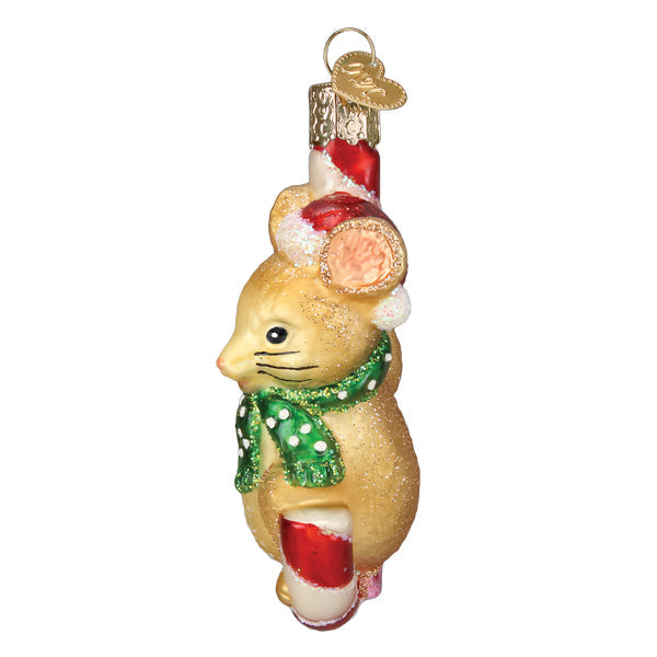Introducing the delightful Christmas Mouse Ornament from Old World Christmas (Product No. 12637): a glittery mouse adorned with a green scarf, clutching a red and white candy cane. Topped with a gold cap and circular tag, this charming piece brings holiday gatherings to life!
