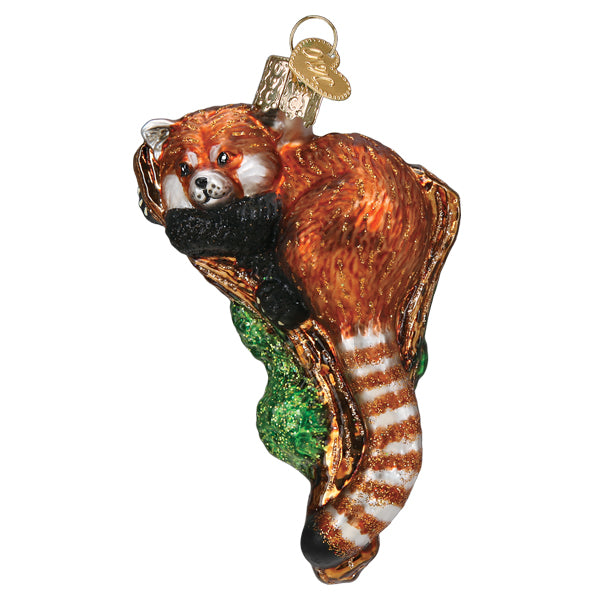 The Red Panda Ornament Old World Christmas 12641 features a red panda with a bushy striped tail and detailed orange and white fur, resting on a branch with a gold cap for hanging—perfect as a unique animal gift or tree decoration.