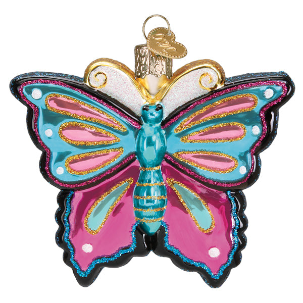 This enchanting Fanciful Butterfly Ornament from Old World Christmas (12645) showcases shimmering pink and blue wings outlined gracefully in gold glitter. It includes a small golden tag and loop at the top for convenient hanging.