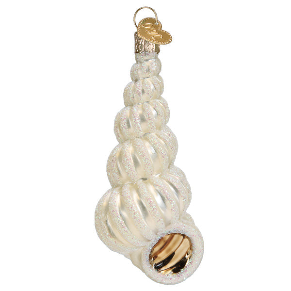 The Wentletrap Shell Ornament by Old World Christmas (12652) features a spiral seashell shape with a pearl-like white finish, glitter accents, and a gold cap—an elegant, lucky charm for your Christmas tree.