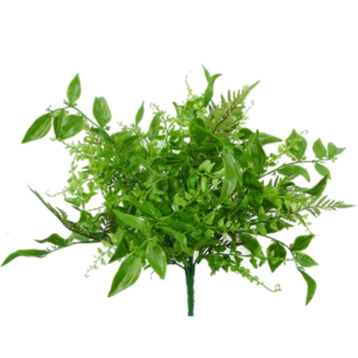 The 9 Mix Plastic Grass Bush with 9 Stems (13356BU9) features clustered artificial green leaves, ferns, and grass for a dense, vibrant foliage arrangement.