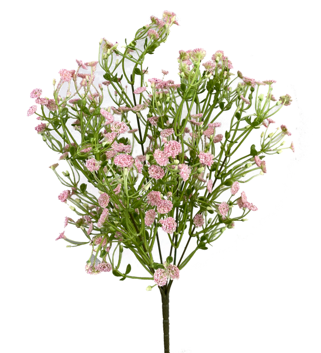 A 19 Pink Plastic Gypso Bush with 7 stems (13568PK) displays delicate pink flowers on slender green stems and leaves, set against a gradient backdrop of pastel purple and blue for a soft, vibrant arrangement.
