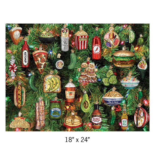 The Tasty Christmas Puzzle by Old World Christmas (14400) features a festive 18"x24" image of a tree decorated with food ornaments like pizza, burgers, and tacos on a 500-piece puzzle, perfect for holiday fun.