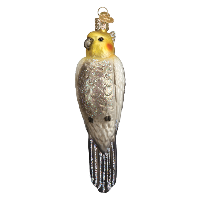 Add charm to your tree with the Cockatiel Ornament Old World Christmas Ornament 16109, featuring yellow and orange details, a white and gray body, silver glitter accents, and a gold hanging loop.
