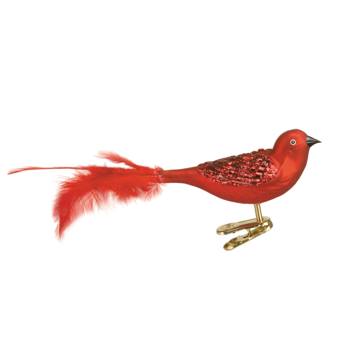 The Brilliant Songbird 18011 Old World Christmas Ornament Assorted features a red body adorned with sequins, a feathered tail, and a gold clip for easy attachment, displayed on a plain white background.
